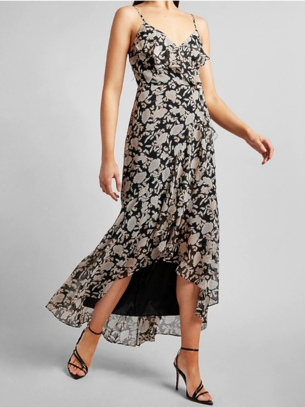 NEW Express Ruffle Wrap Front Maxi Dress Black Cream Floral XL Feminine Fairy